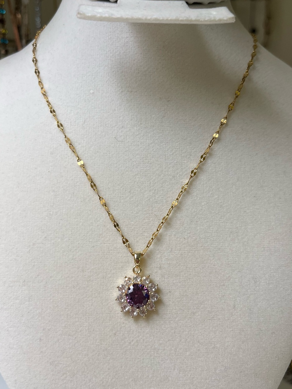 Amethyst Tone CZ Flower Stainless Steel Necklace